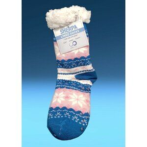 NWT Slipper Socks Snowflakes Sherpa Lined No Slip Grip Cushioned One Sz Blue Pin